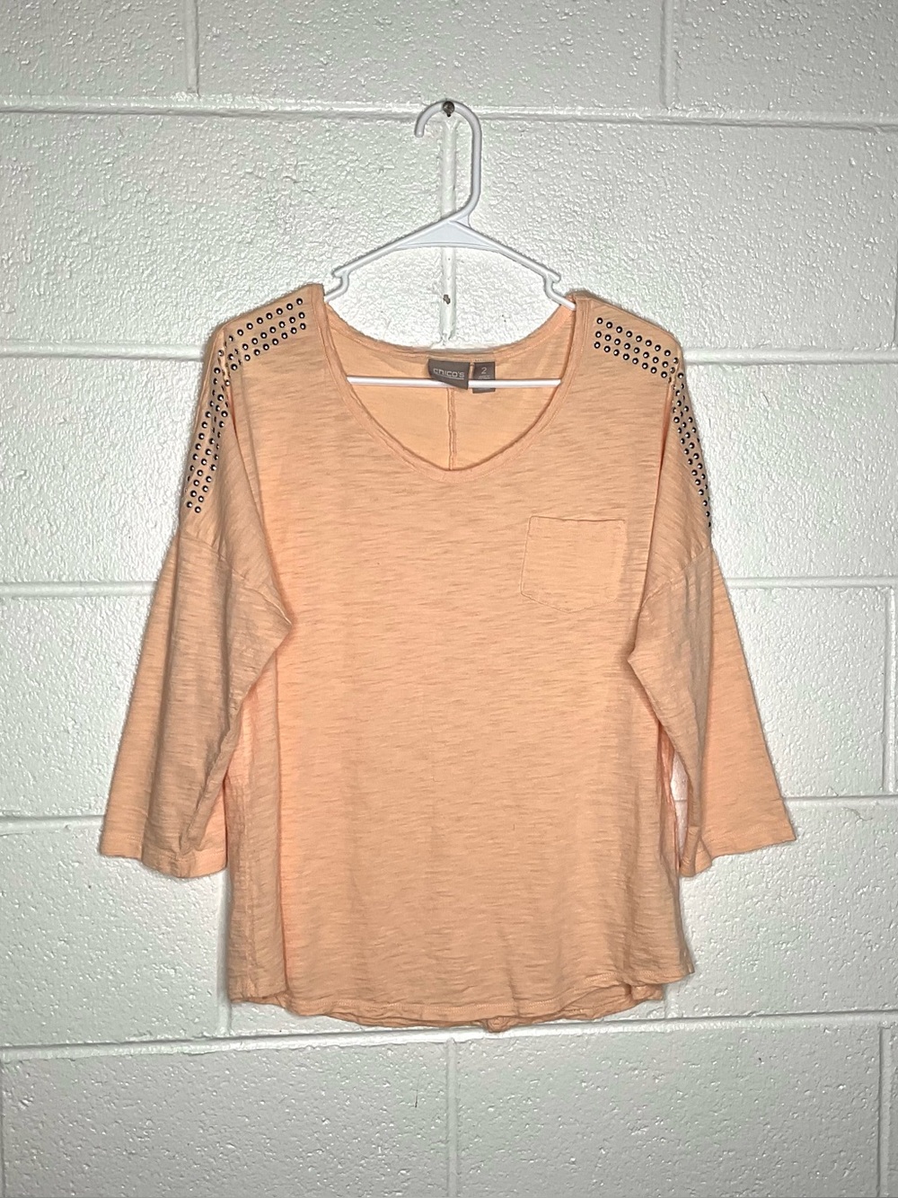 < Chico’s Peach Three-Quarter Sleeve Top With Silver Stud Embellishments >